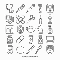 Medical Equipment and Healthcare Icons Line Set