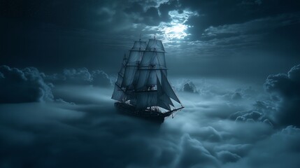 A majestic sailing ship navigates a sea of clouds under a moonlit sky.