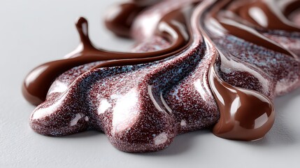 Close-up of silky melted chocolate, glistening with a glossy sheen as it slowly pools on a pristine white surface, inviting indulgence.
