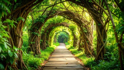 Woven Vines Create Natural Tunnel Pathway Through Lush Jungle Setting