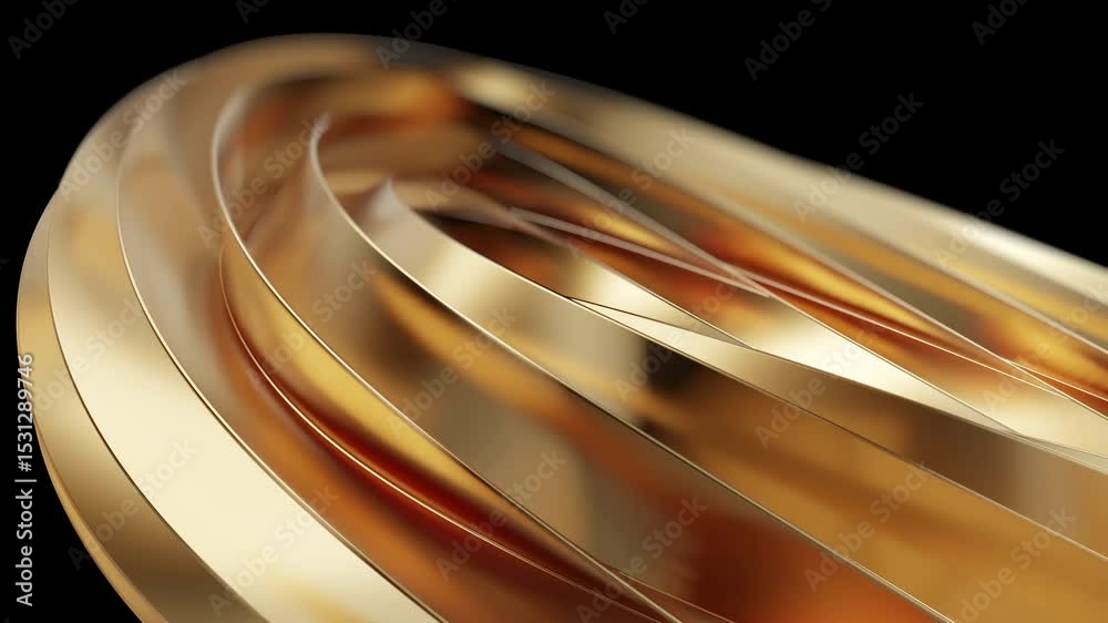 Wall mural close-up abstract view of swirling golden metallic ribbons creating a dynamic, fluid shape against a