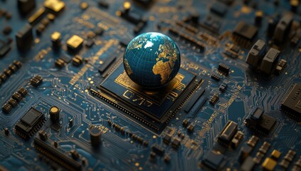 A miniature Earth rests atop a complex circuit board