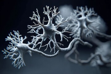Close-up of neuron cells, highlighting their intricate structure against a dark, moody background.