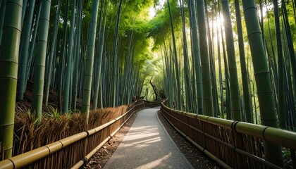 Fototapeta premium Serene Bamboo Pathway Through Lush Greenery and Sunlight Filters