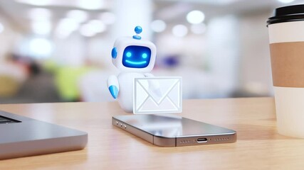 Cute AI robot character processes and manages emails surrounded by digital icons on a desk with modern devices. Concept of automated email sorting and communication. - Powered by Adobe