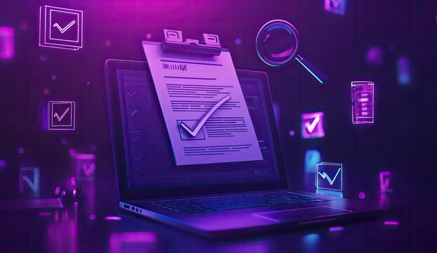 Laptop displaying a document with checkmarks, surrounded by floating checkmark and magnifying glass icons. Neon purple-pink lighting - Powered by Adobe