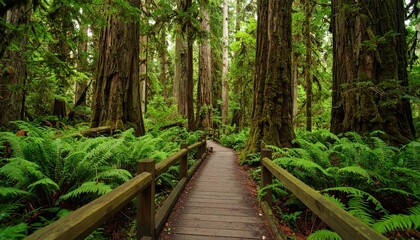 Obraz premium Serene Pathway Through a Dense Forest of Lush Giant Ferns