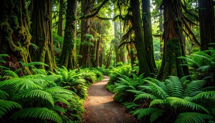 Obraz premium Pathway Through Dense Forest of Giant Ferns with Prehistoric Feel
