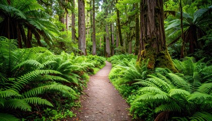 Fototapeta premium Tranquil Pathway Through Dense Forest of Giant Ferns in Nature