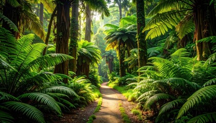 Pathway Through Dense Forest of Giant Ferns and Prehistoric Vibes