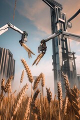 Agriculture meets advanced robotics; robots harvest wheat in the fields.