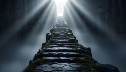 Dramatic ancient stone staircase ascending through a shadowed canyon, illuminated by ethereal light and mist