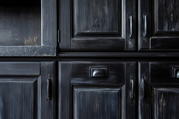Elegant Minimalistic Black Kitchen Cabinetry with Luxurious Marble Countertop, Generative AI