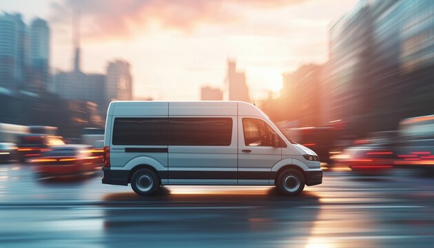 Small Passenger Van Rushes Through City Street Traffic, Capturing Urban Cityscape And Sunny Skies. Charter Or Shuttle Bus Speeds Along Road With Motion Blur Effect.