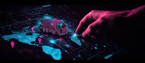 Global logistics visualized on a digital interface with a hand hovering over a location, highlighting the global reach of transportation