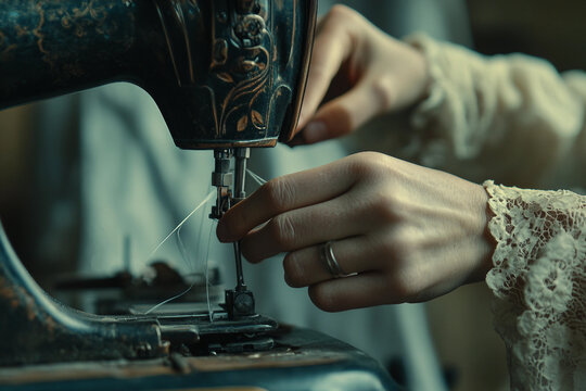 Close up of hands working with sewing machine on colorful quilt fabric during handmade craft project