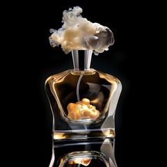 Perfume in a clear bottle with vaporized fragrance on a black backdrop