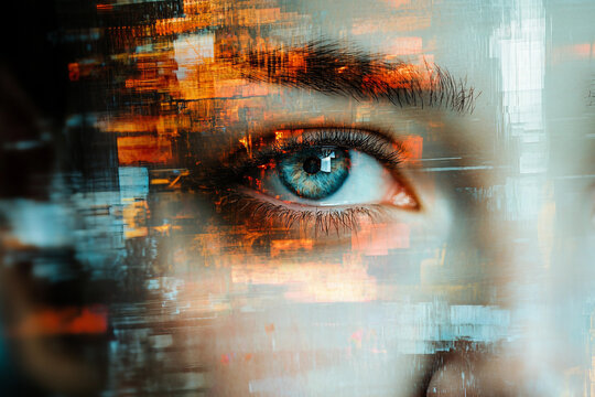 Generative AI glitch art composition of male female face merged with digital code and futuristic visual interference effect