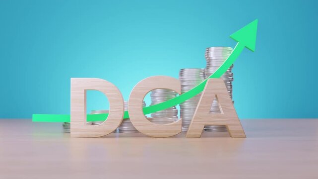 A 3D rendering shows the wooden letters DCA, representing Dollar-Cost Averaging, with stacks of silver coins and a rising green arrow symbolizing growth and investment strategy.