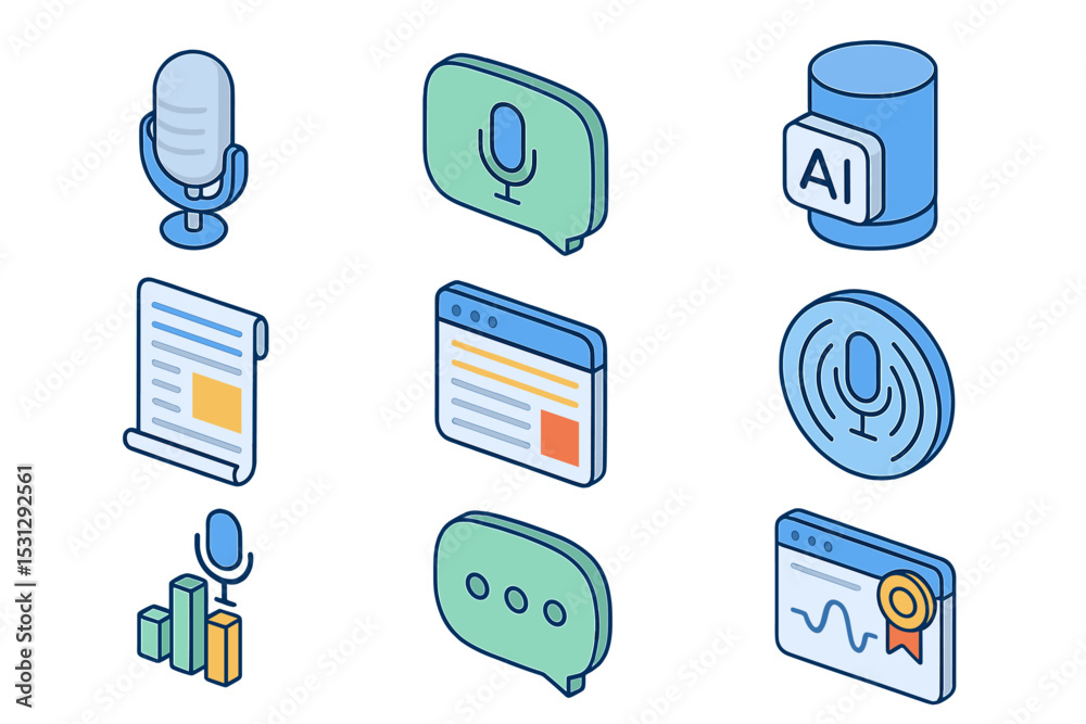 Poster voice command and ai interface icons with microphone and data elements