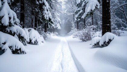 Fototapeta premium Snowy Pathway Through Dense Forest During Intense Snowstorm Conditions