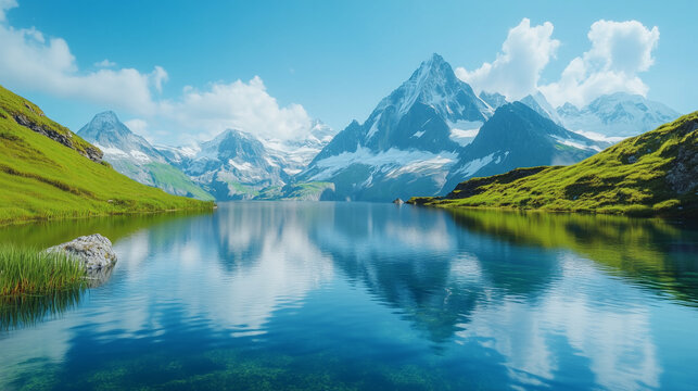 Pristine alpine lake reflects the snow-capped mountains and vibrant green hills under a clear blue sky.