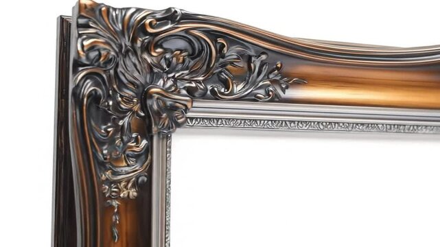 Ornate, decorative frame with intricate carvings.  Copper-toned, detailed molding.  Classical style
