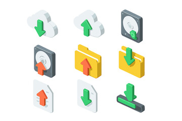 Cloud and file icons with up and down arrows in isometric view