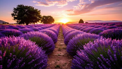 Obraz premium Serene Pathway Through Blooming Lavender Field at Dawn's Soft Light