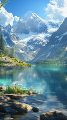 Spring in alpine mountains and crystal clear lake