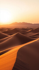 Golden sand dunes stretch endlessly under a warm golden hour sky.