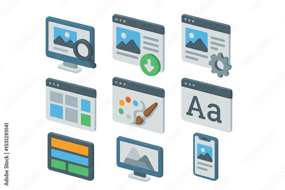 Poster isometric graphic and web design interface elements and tools icons