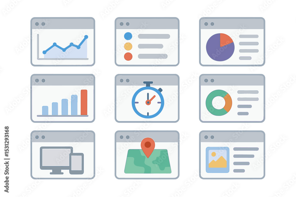 Poster set of nine web interface elements with graphs, charts, and icons