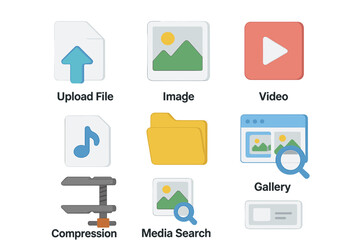 Colorful file and media icons with upload and search options