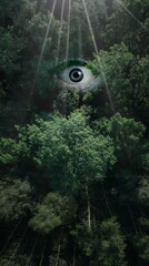 Eye In The Forest: A mystical guardian watches over a lush green canopy.