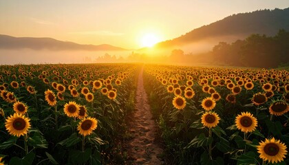 Fototapeta premium Serene Pathway Through a Field of Blooming Sunflowers at Sunrise