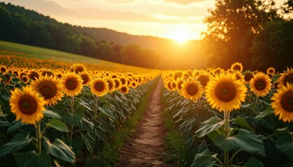 Fototapeta premium Dawn Pathway Through Sunflower Field in Warm Golden Light