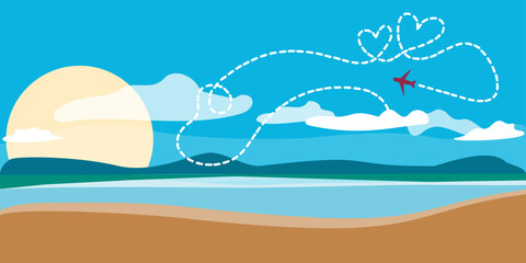 Airplane on the blue sky flying to the sea, leaving white trail. Seascape with airplane trajectory. Vector drawing in flat style. Wedding trip, romantic vacation, vacation for lovers. Blue sky and sea