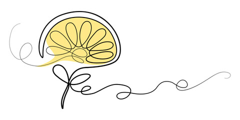 Symbol of the rising sun. Vector isolated drawing with one line with yellow spot. Stylized rays of the sun as cut lemon on a stem with leaves. Design for travel agency, travel, hotel, spa