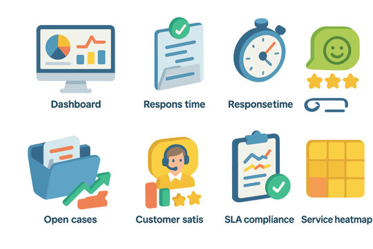 Customer service dashboard icons with response time and sla compliance