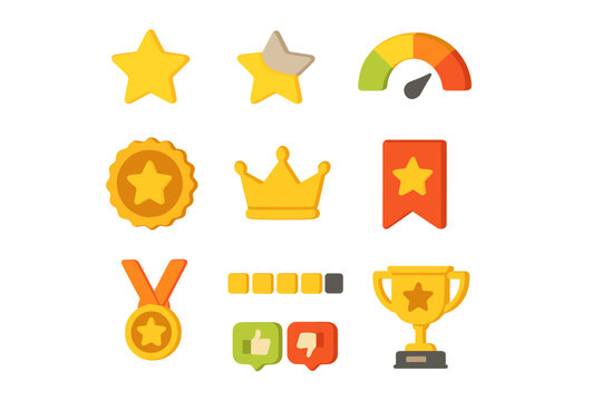 Vibrant achievement icons: stars, trophies, medals, and badges