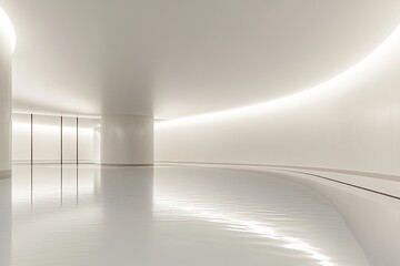 Smooth, minimalist interior space with a curved pool.  Soft, light beige and white tones.  Curved walls and ceiling create a flowing, elegant design