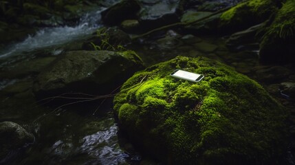 Smartphone resting on mossy rock beside a stream in a lush forest.