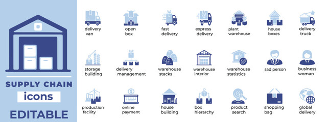 Editable supply chain vector icons for logistics, operations, and industry. Clean, modern, and purpose-driven line design.