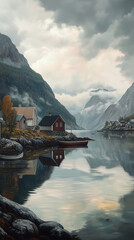 Serene Scandinavian fjord with cozy wooden houses, water reflecting the misty mountains and small boats resting by the shore under a cloudy sky.