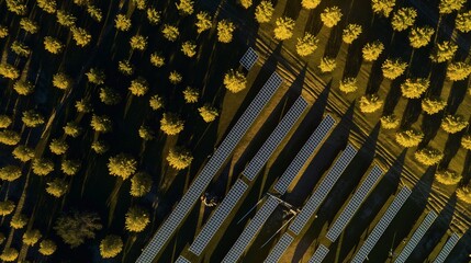 Aerial view of a solar farm nestled among trees casting long shadows.