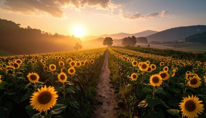 Fototapeta premium Pathway Through Field of Blooming Sunflowers at Sunrise and Golden Light