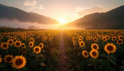 Fototapeta premium Sunrise Pathway Through a Field of Blooming Sunflowers in Golden Light