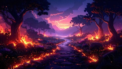 Ethereal Pathway Through a Field of Glowing Embers at Dusk
