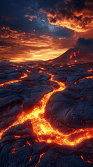 Volcanic landscape with lava flows at night